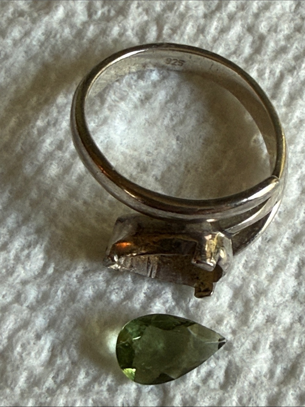 Faceted Moldavite Pear Gem & 925 Silver Bypass Ring